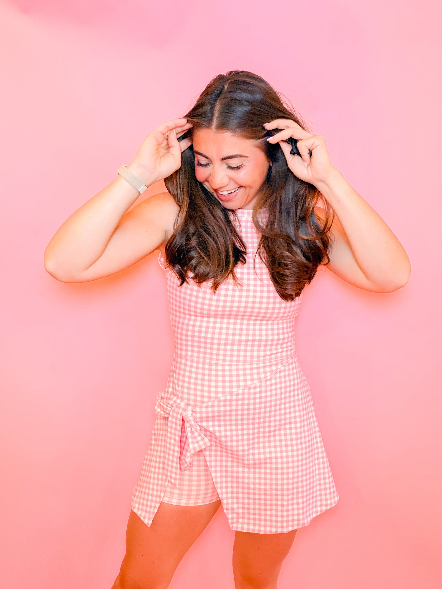 SLEEVELESS WRAP TIE ATHLETIC DRESS - PINK GINGHAM