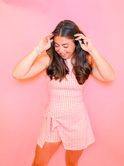 SLEEVELESS WRAP TIE ATHLETIC DRESS - PINK GINGHAM