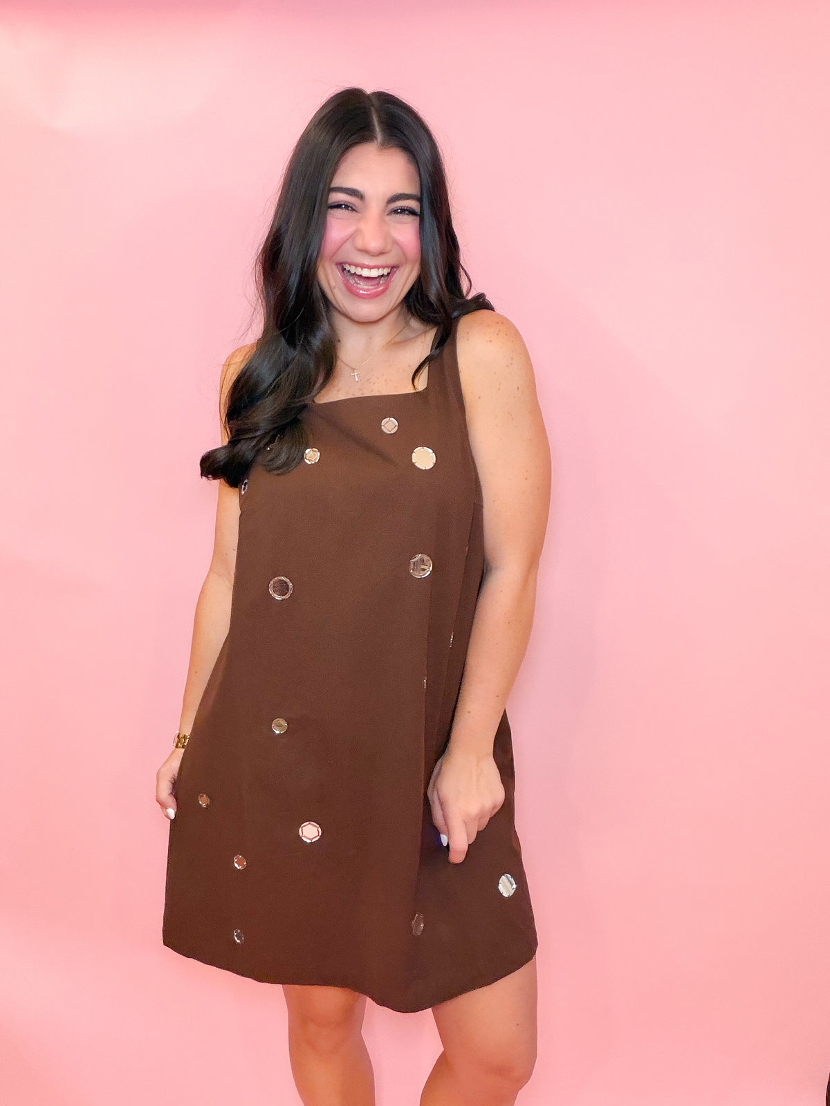 MIRROR EMBELLISHED A-LINE MINI DRESS - CHOCOLATE