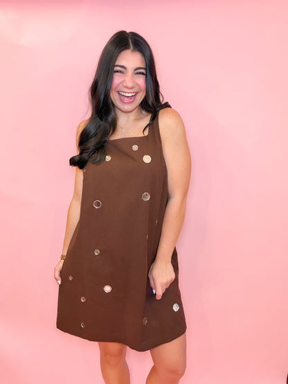 MIRROR EMBELLISHED A-LINE MINI DRESS - CHOCOLATE