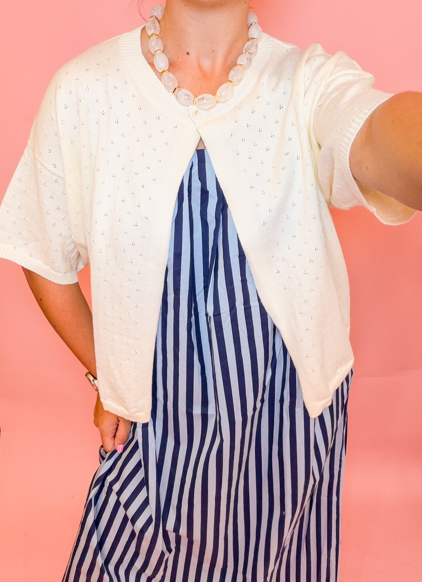 POINTELLE SINGLE BUTTON CARDIGAN - IVORY