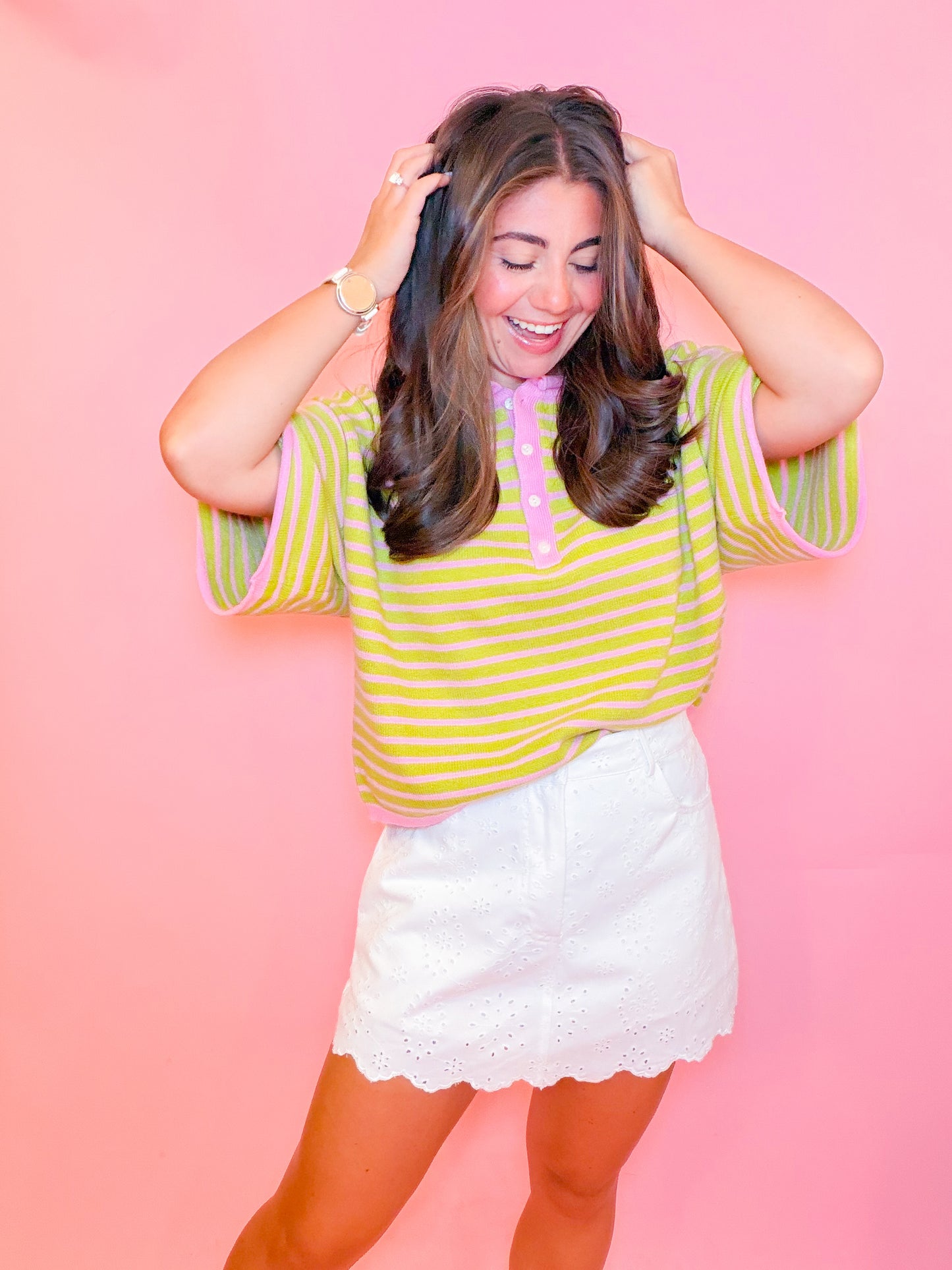 STRIPED HENLEY KNIT TOP - STRAWBERRY/MATCHA
