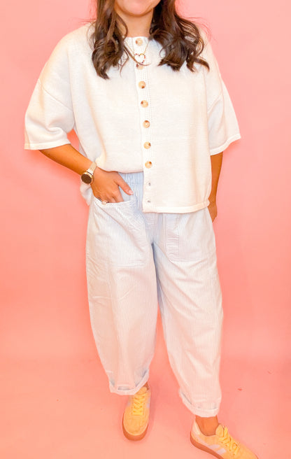 STRIPED OXFORD WIDE POCKET BARREL PANTS