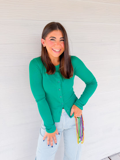 RIBBED LACE TRIM LONG SLEEVE - GREEN