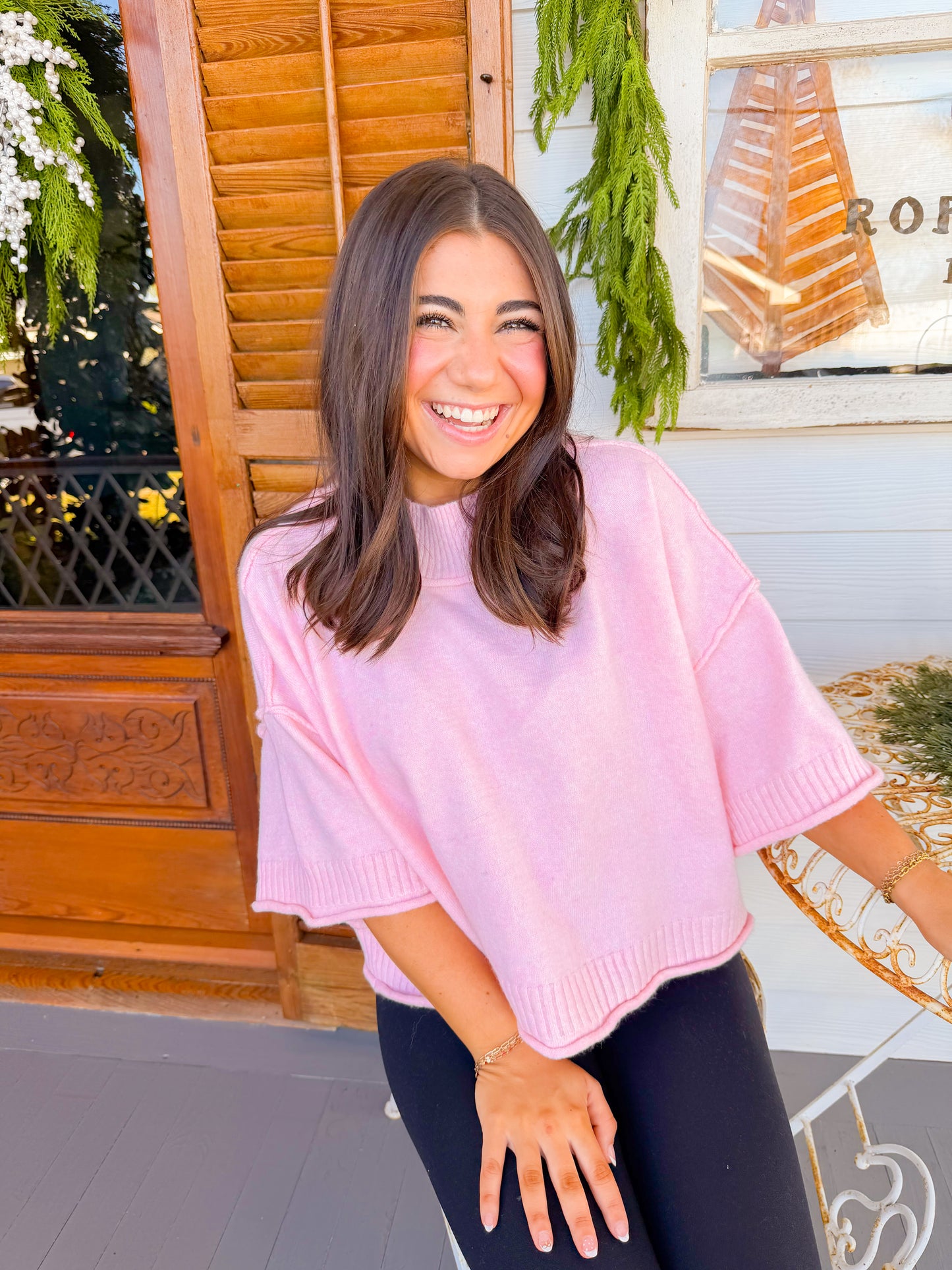 MOCK NECK SHORT SLEEVE SWEATER - PINK