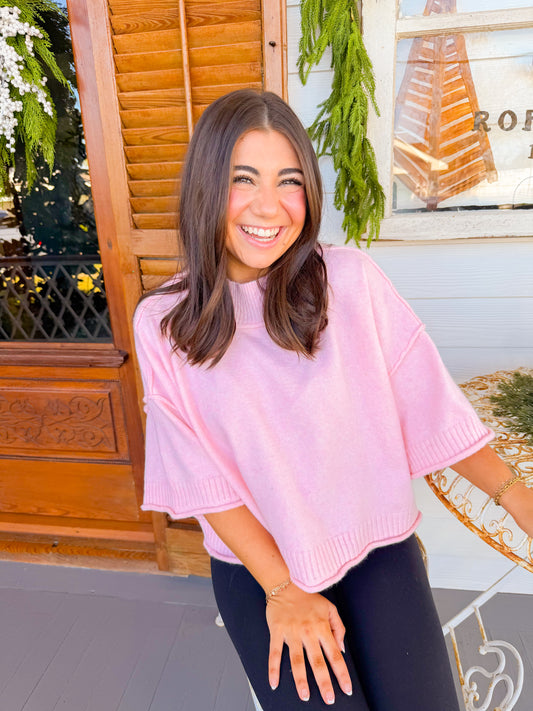 MOCK NECK SHORT SLEEVE SWEATER - PINK