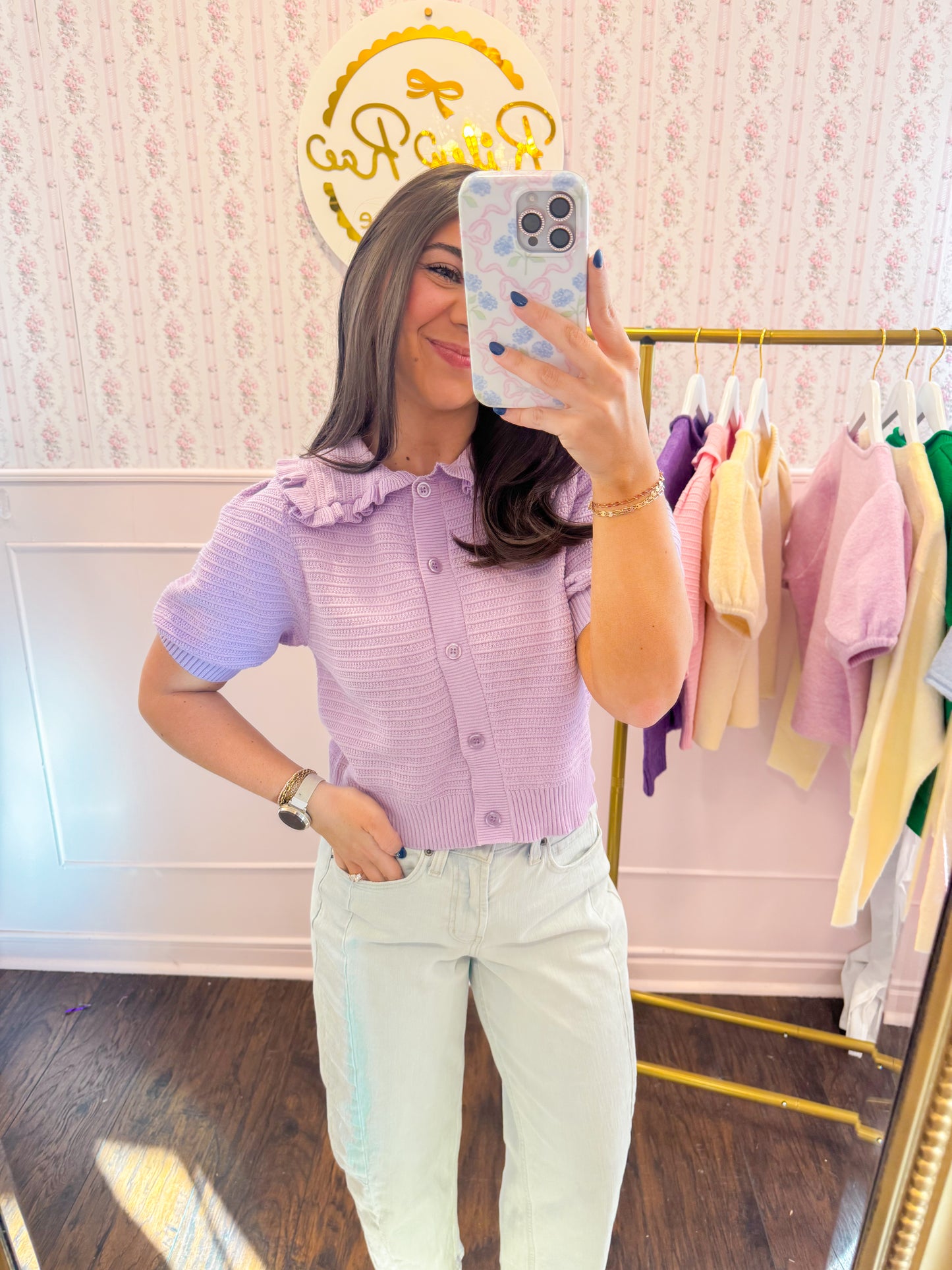 RIBBED KNIT RUFFLE COLLAR TOP - LAVENDER