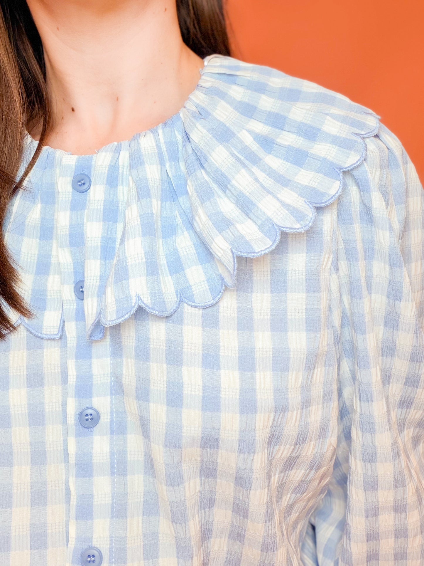 GINGHAM LONG SLEEVE BLOUSE - BLUE