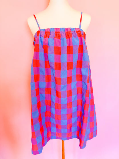 PLAID CAMI MINI DRESS - CHERRY/BLUE