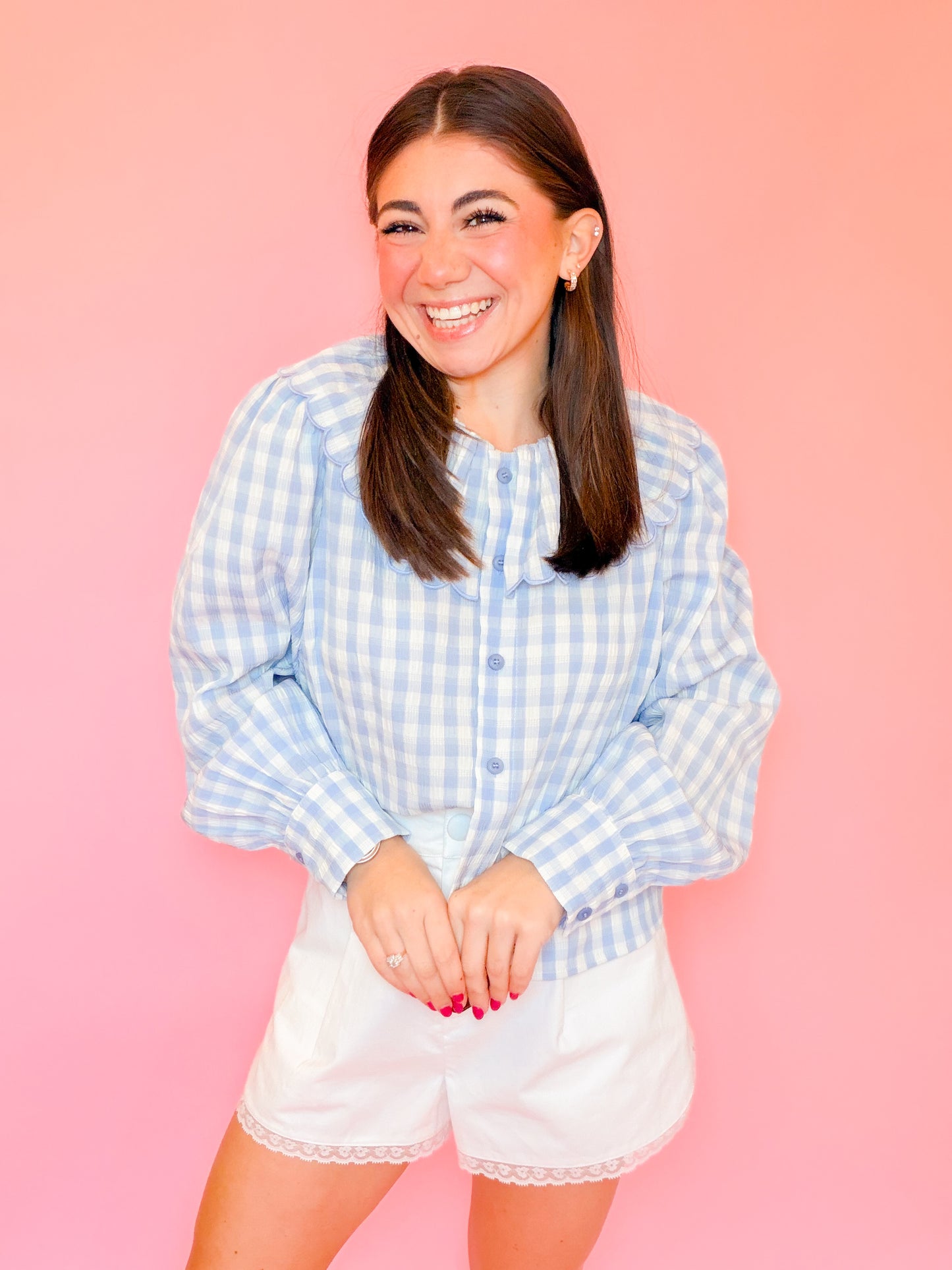 GINGHAM LONG SLEEVE BLOUSE - BLUE