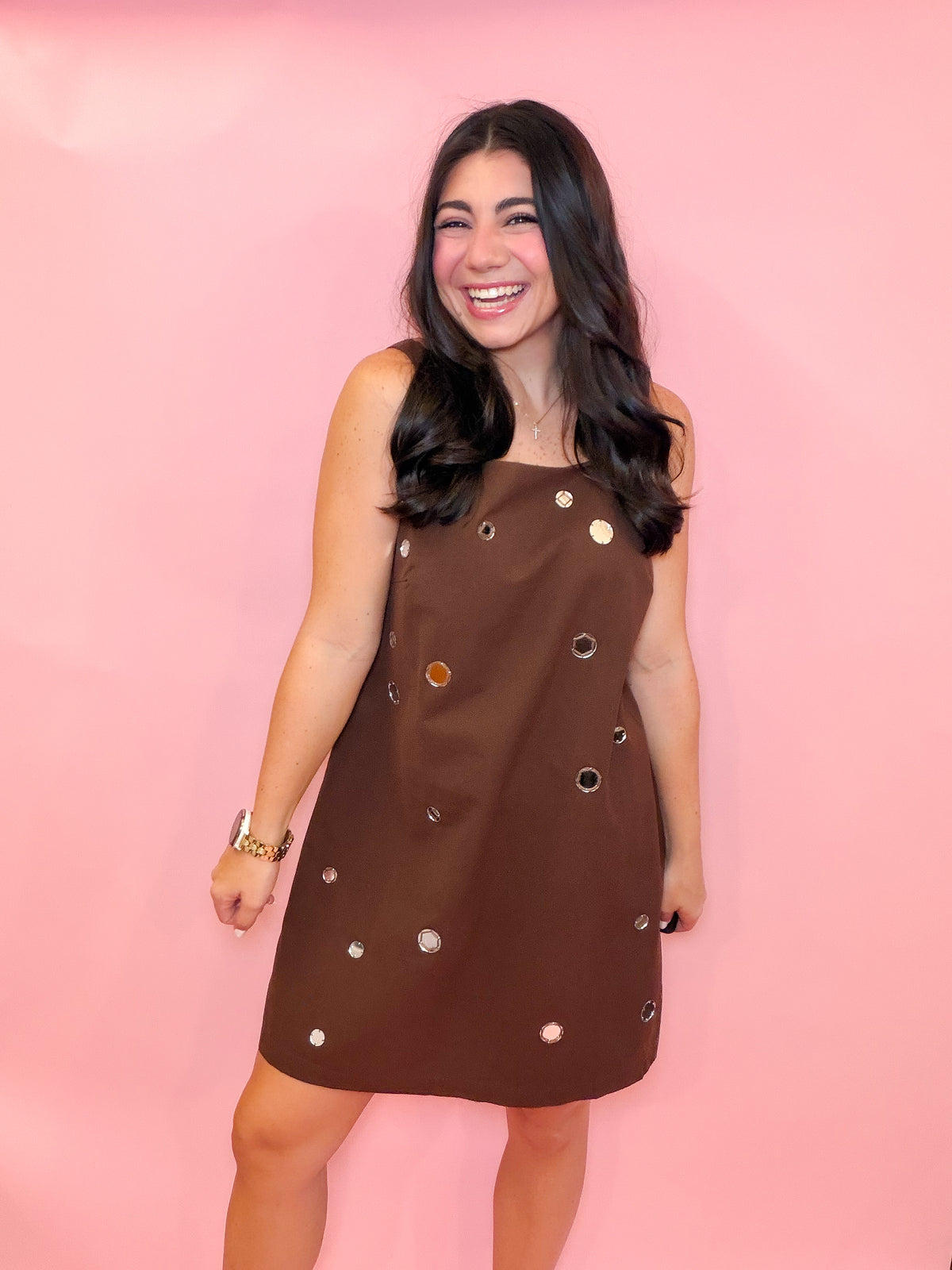 MIRROR EMBELLISHED A-LINE MINI DRESS - CHOCOLATE