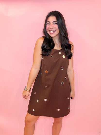MIRROR EMBELLISHED A-LINE MINI DRESS - CHOCOLATE