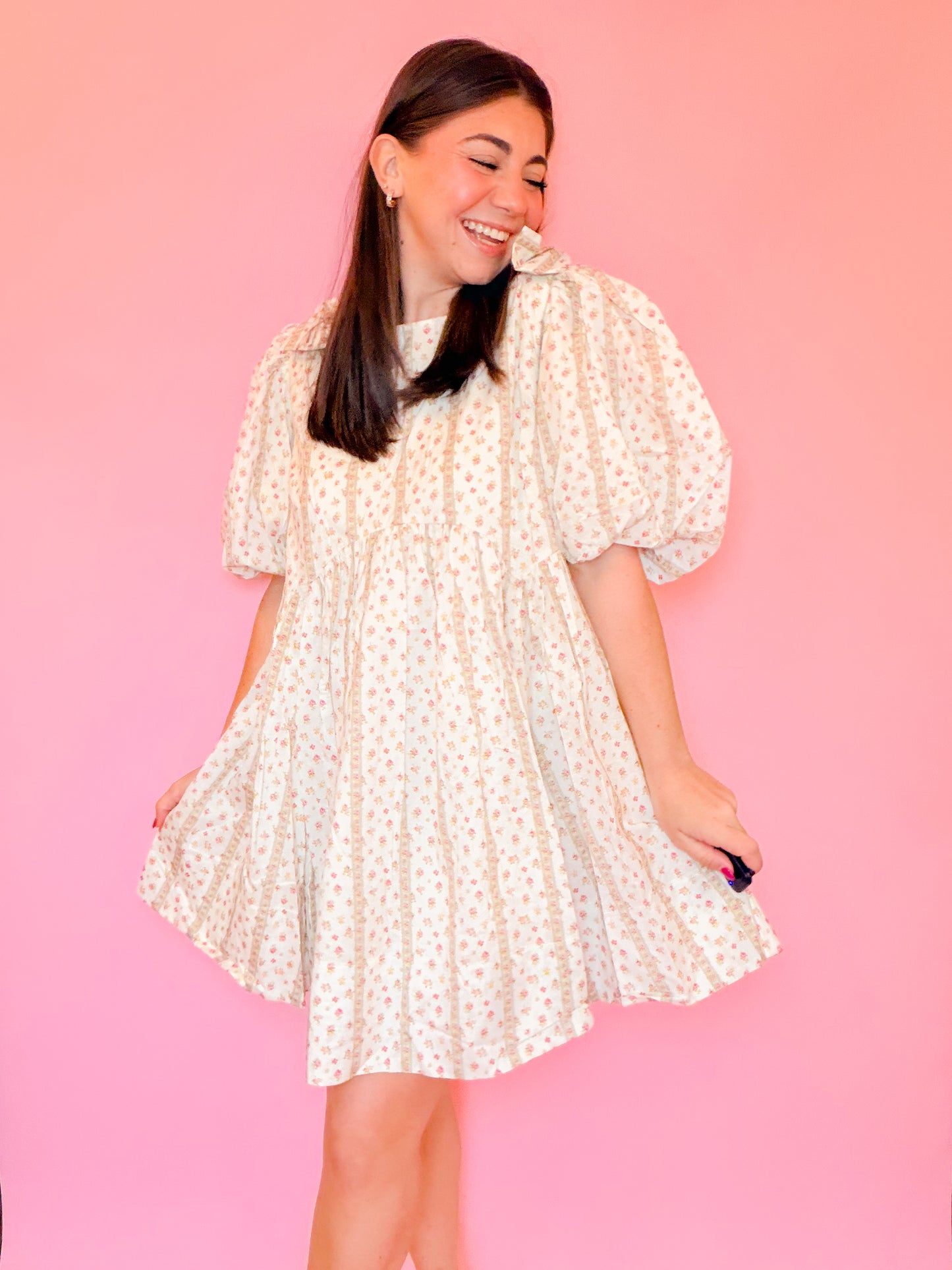 BOW DETAILED FLORAL PRINTED MINI DRESS