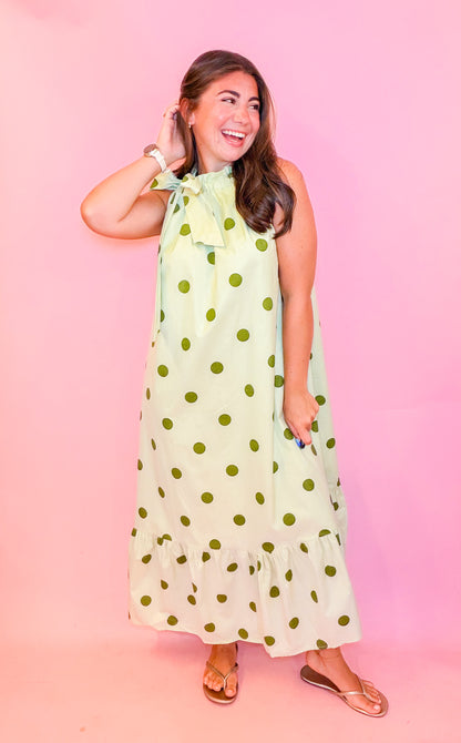RUFFLE NECK TIE POLKA DOT MIDI DRESS