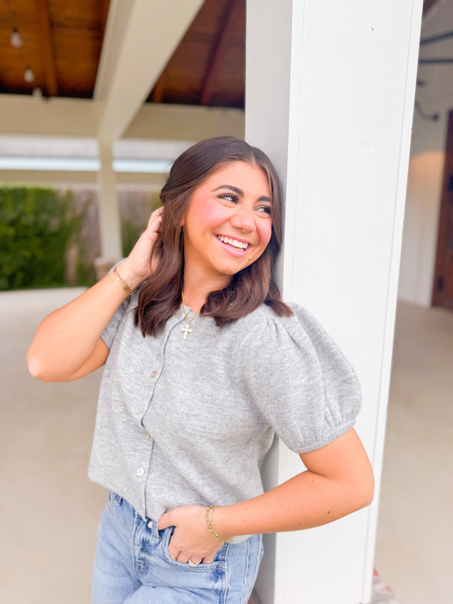 PUFF SLEEVE CREW NECK KNIT TOP