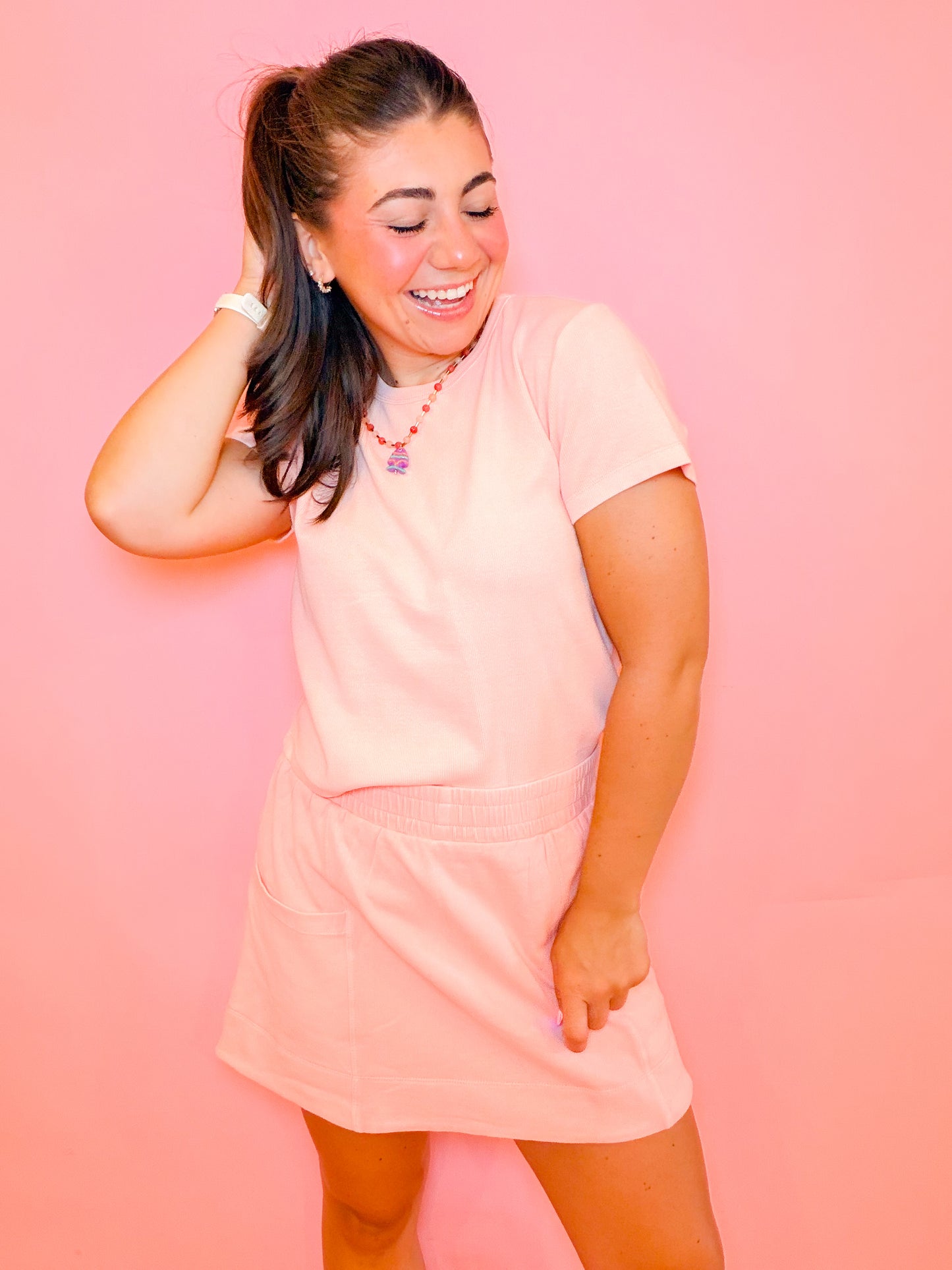 WASHED KNIT TOP + SKIRT SET - PEACH