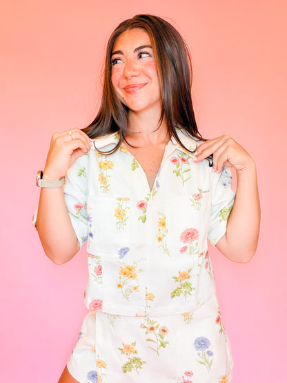 FLORAL DENIM COLLARED TOP