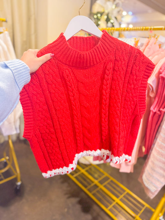 CABLE KNIT CONTRAST SWEATER - RED