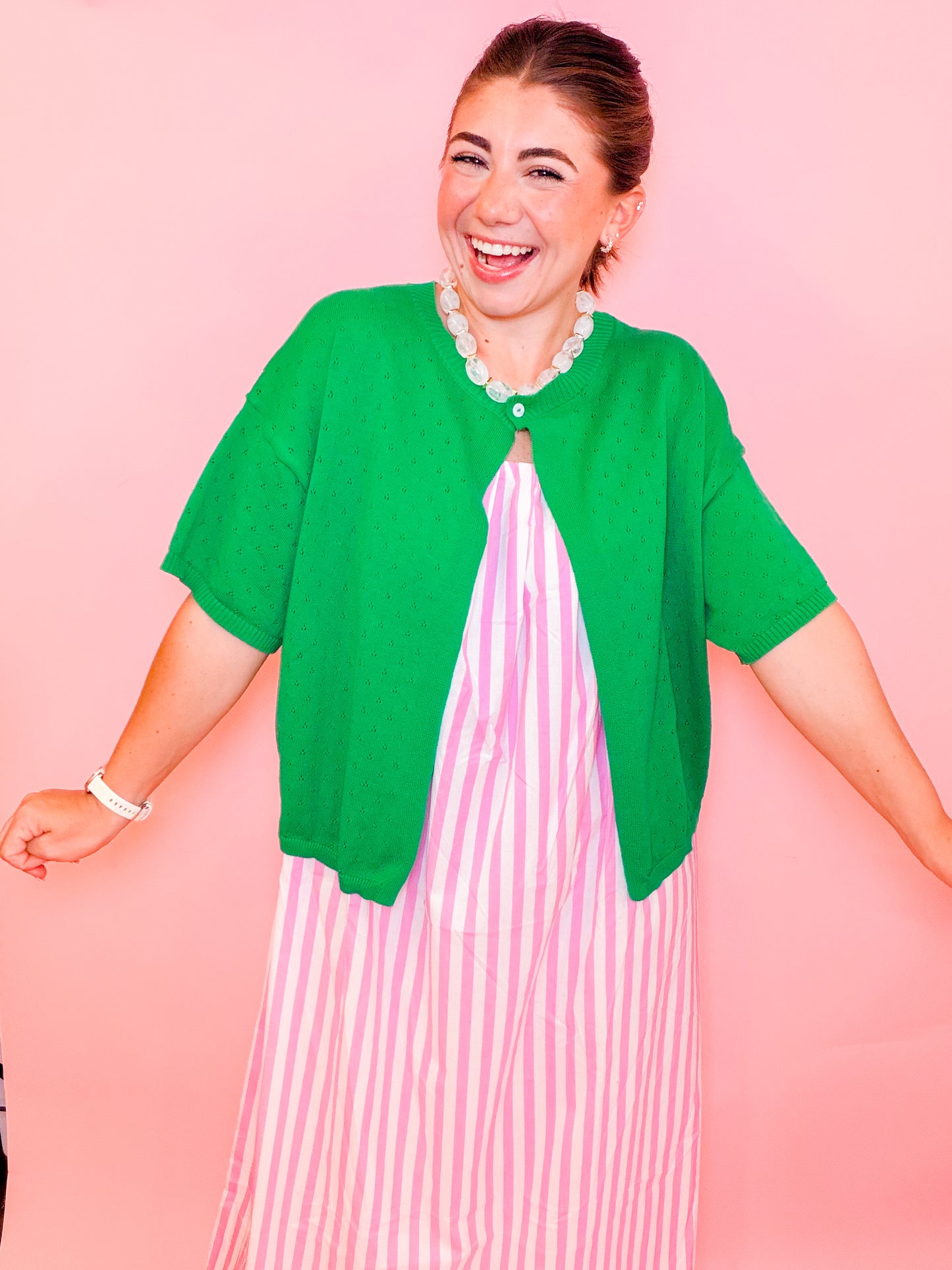 POINTELLE SINGLE BUTTON CARDIGAN - GREEN
