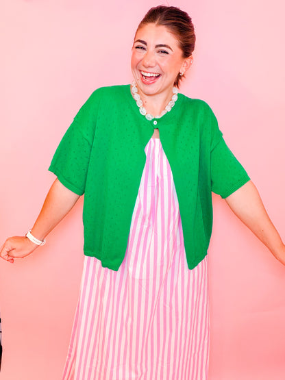 POINTELLE SINGLE BUTTON CARDIGAN - GREEN