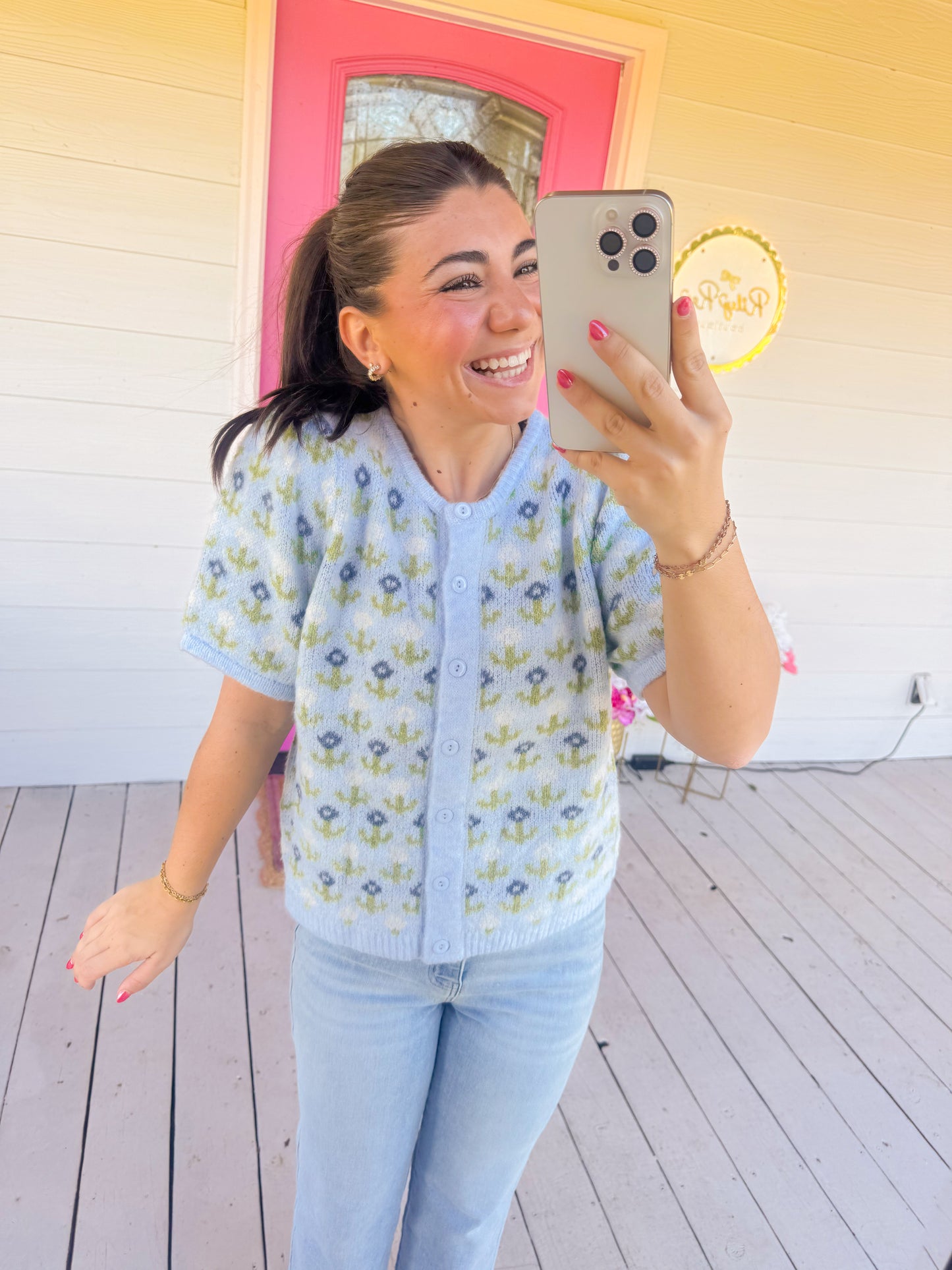 CASHMERE FLORAL BUTTON UP SHORT SLV SWEATER