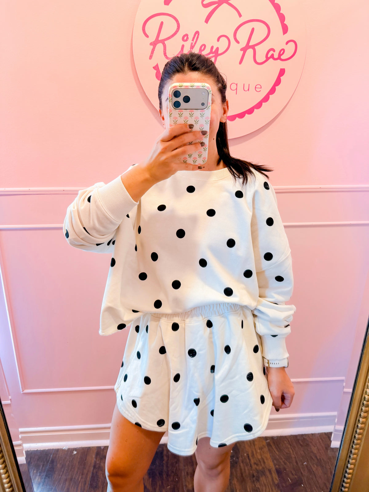 IVORY POLKA DOT LONG SLV + SKORT SET