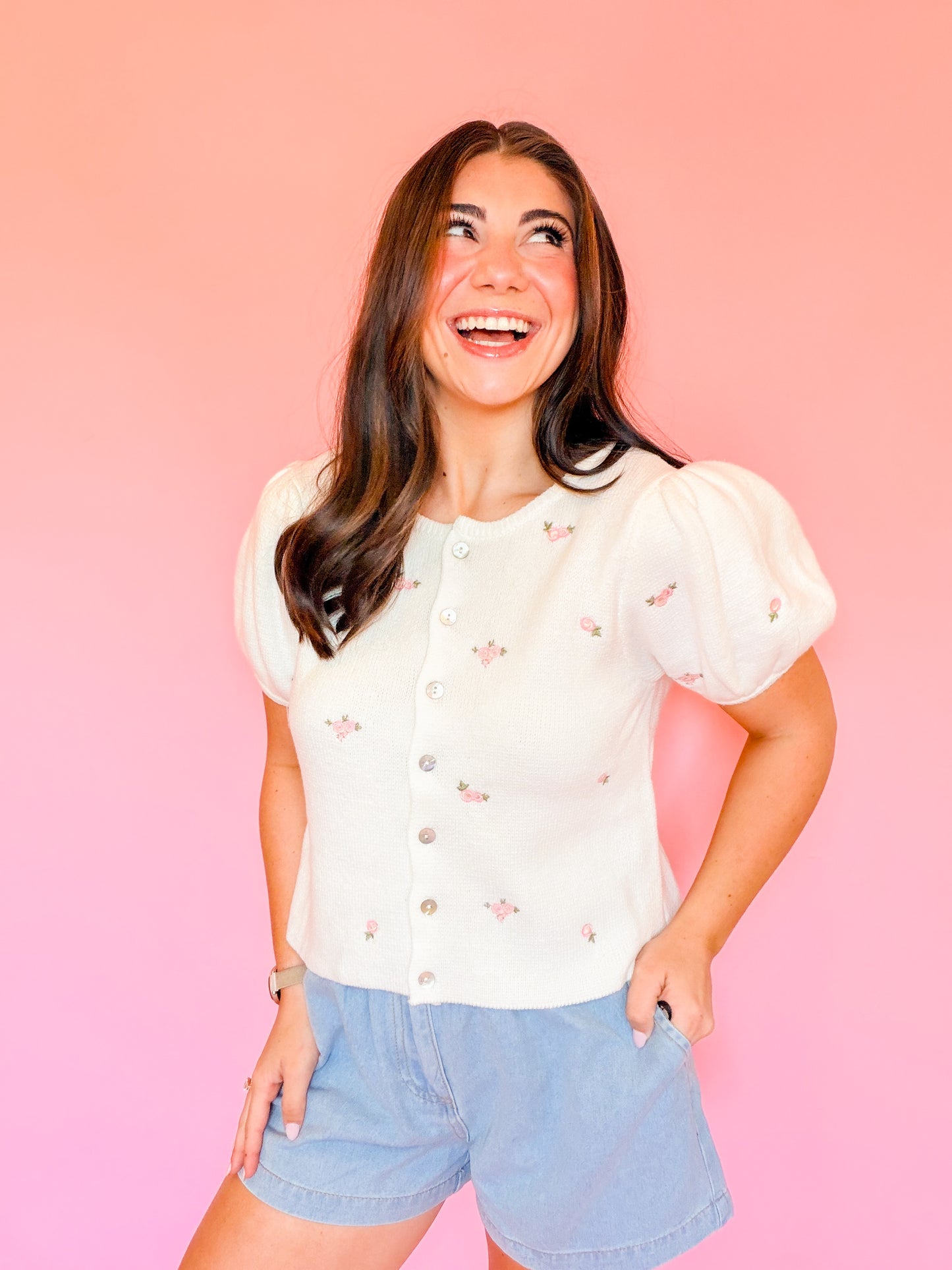 FLORAL EMBROIDERY PUFF SLV KNIT TOP - CREAM