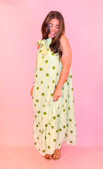 RUFFLE NECK TIE POLKA DOT MIDI DRESS