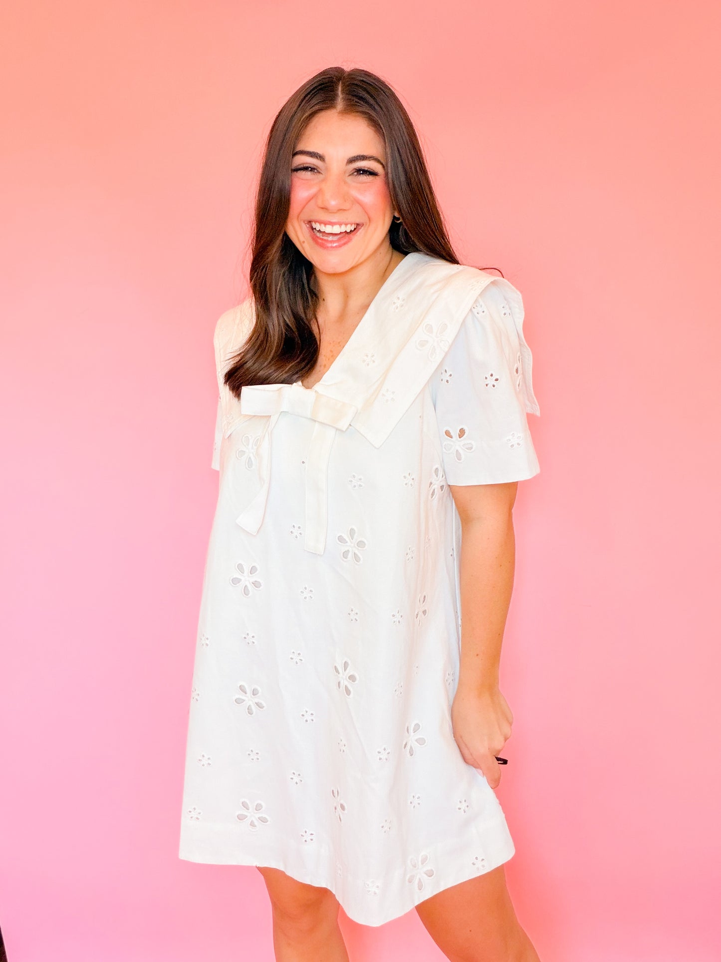 EYELET TWILL STATEMENT COLLAR MINI DRESS