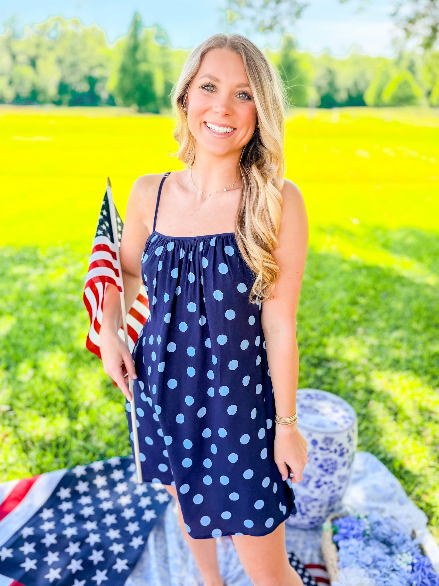 DOT CAMI MINI DRESS - NAVY