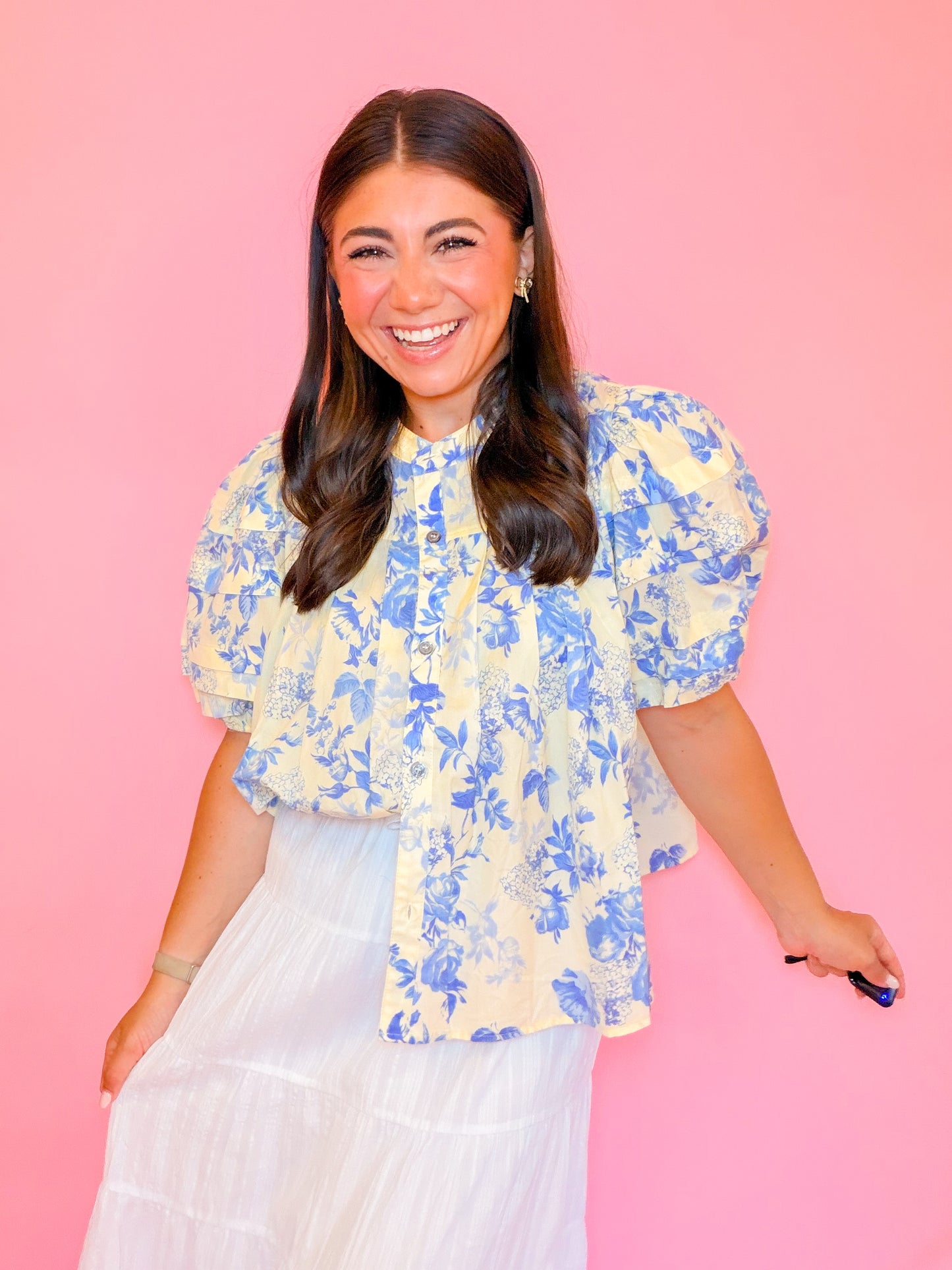 PUFF SLV BUTTON DOWN TOP - BUTTER/BLUE