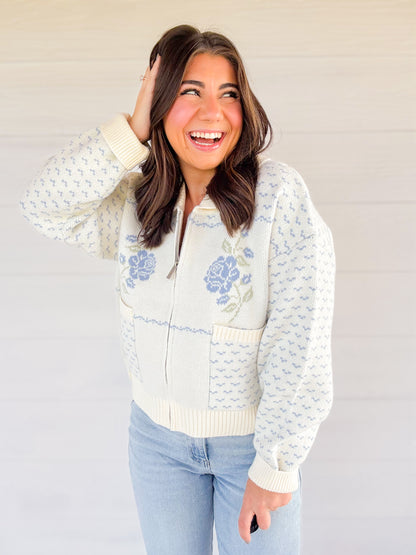 ROSE JACQUARD KNIT ZIP UP JACKET - BLUE