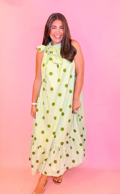 RUFFLE NECK TIE POLKA DOT MIDI DRESS