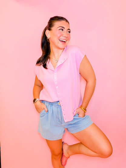 CAP SLEEVE LIGHTWEIGHT SWEATER - LIGHT PINK