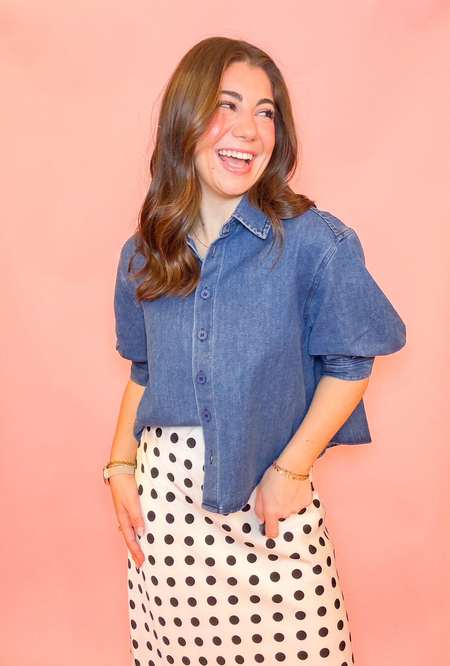 PUFF SLV BUTTON DOWN DENIM TOP