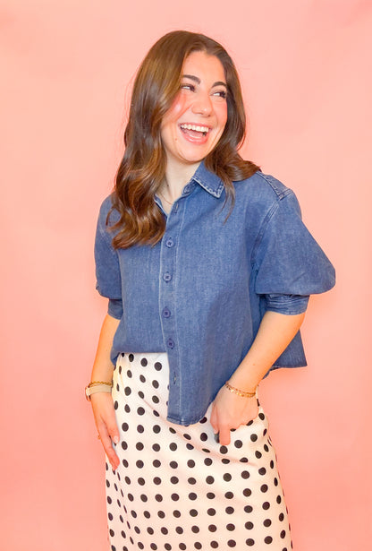 PUFF SLV BUTTON DOWN DENIM TOP
