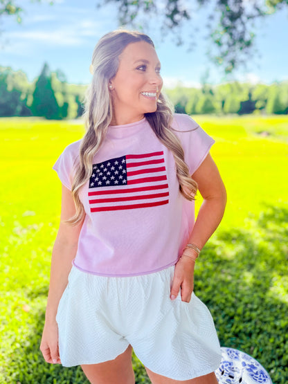 MOCK NECK USA FLAG GRAPHIC SWEATER