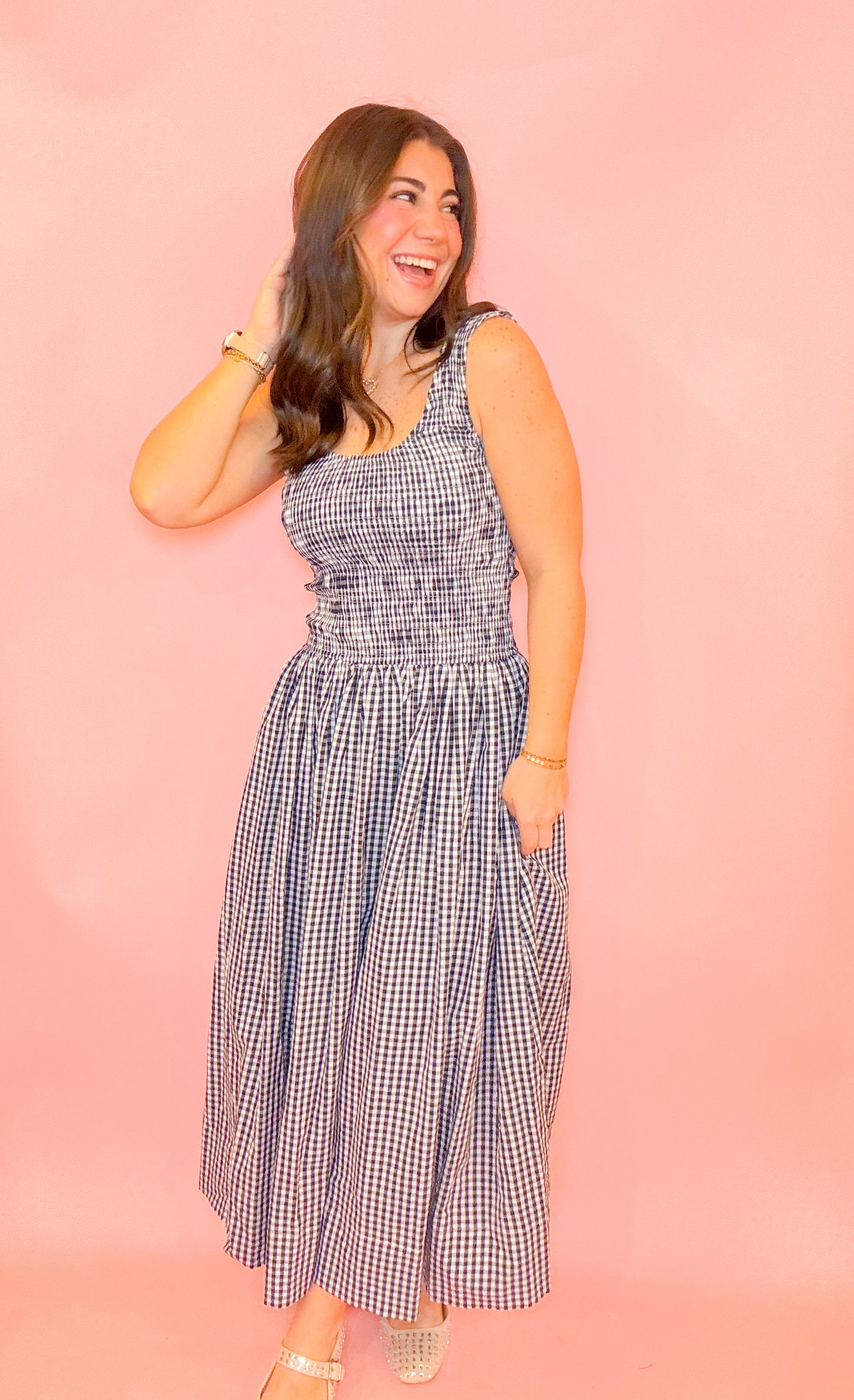 GINGHAM SMOCKED MIDI DRESS