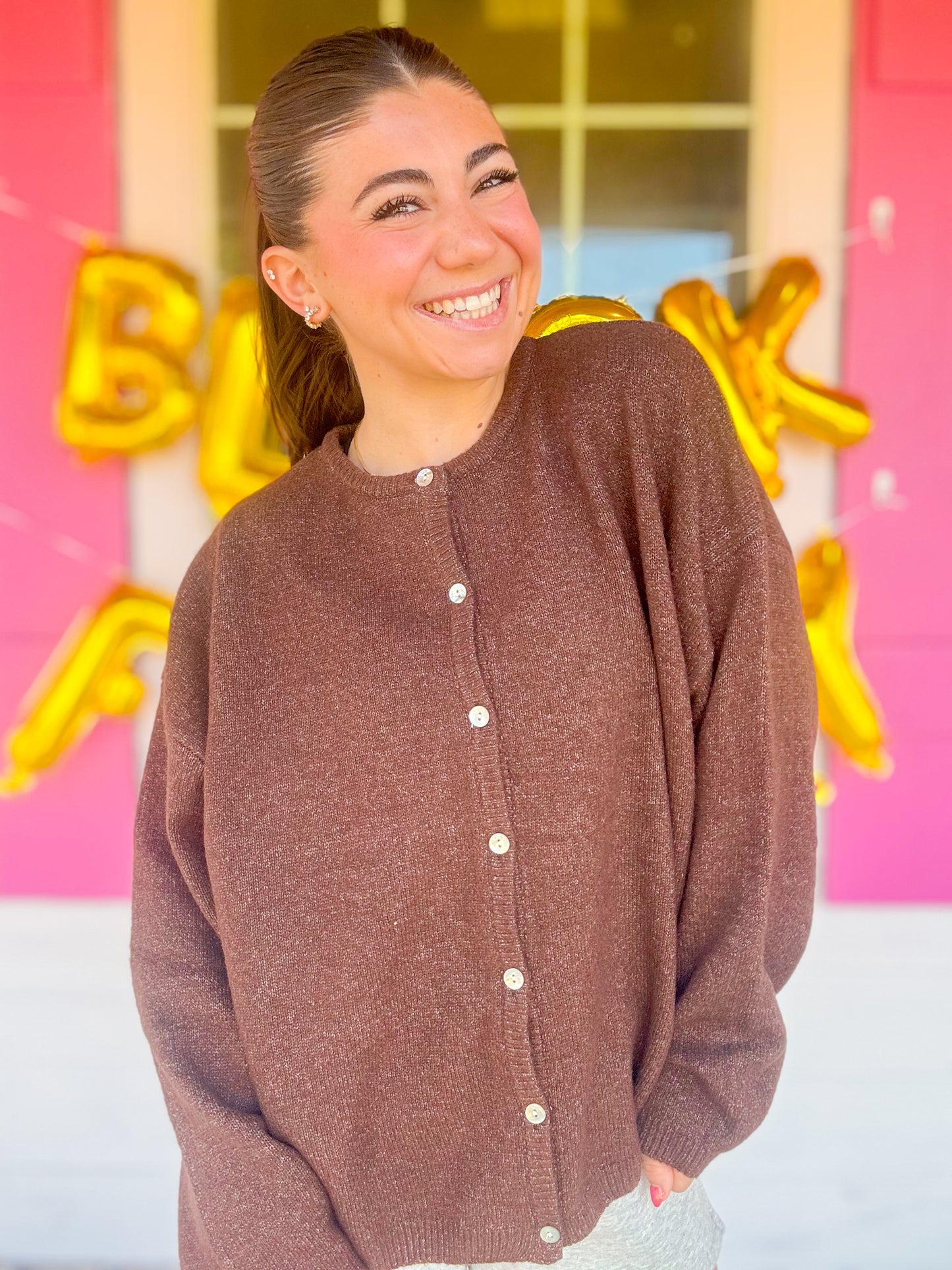 DOORBUSTER LONG SLEEVE CREW NECK SWEATER CARDIGAN - BROWN