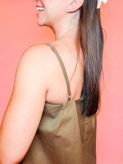 POPLIN RUCHED FAUX BUTTON CAMI MINI DRESS - BROWN