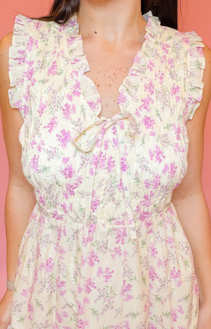 FLORAL SMOCKED MIDI DRESS - LILAC/ECRU