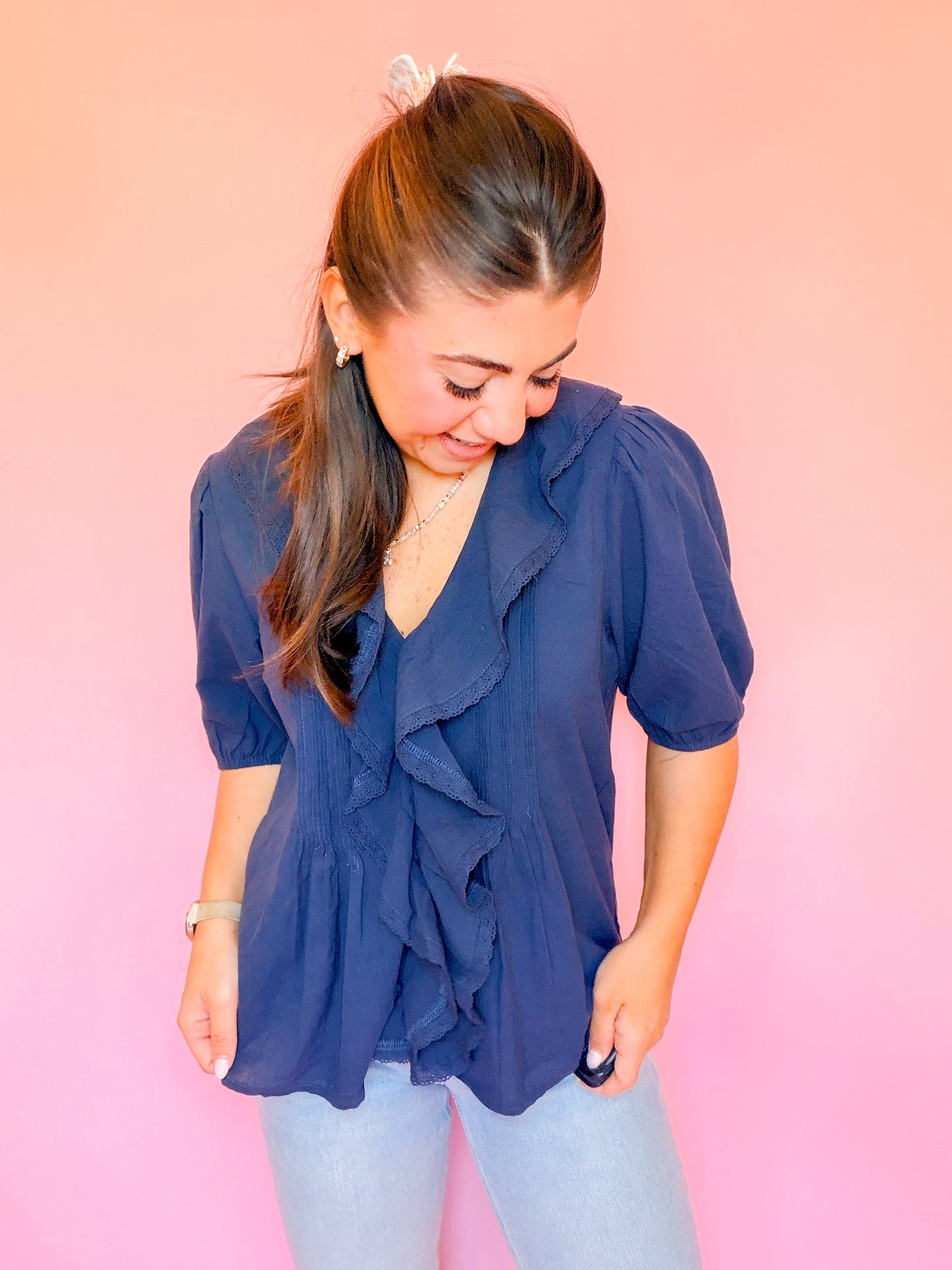 RUFFLED COTTON BLOUSE - NAVY