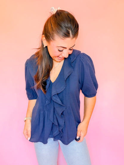 RUFFLED COTTON BLOUSE - NAVY