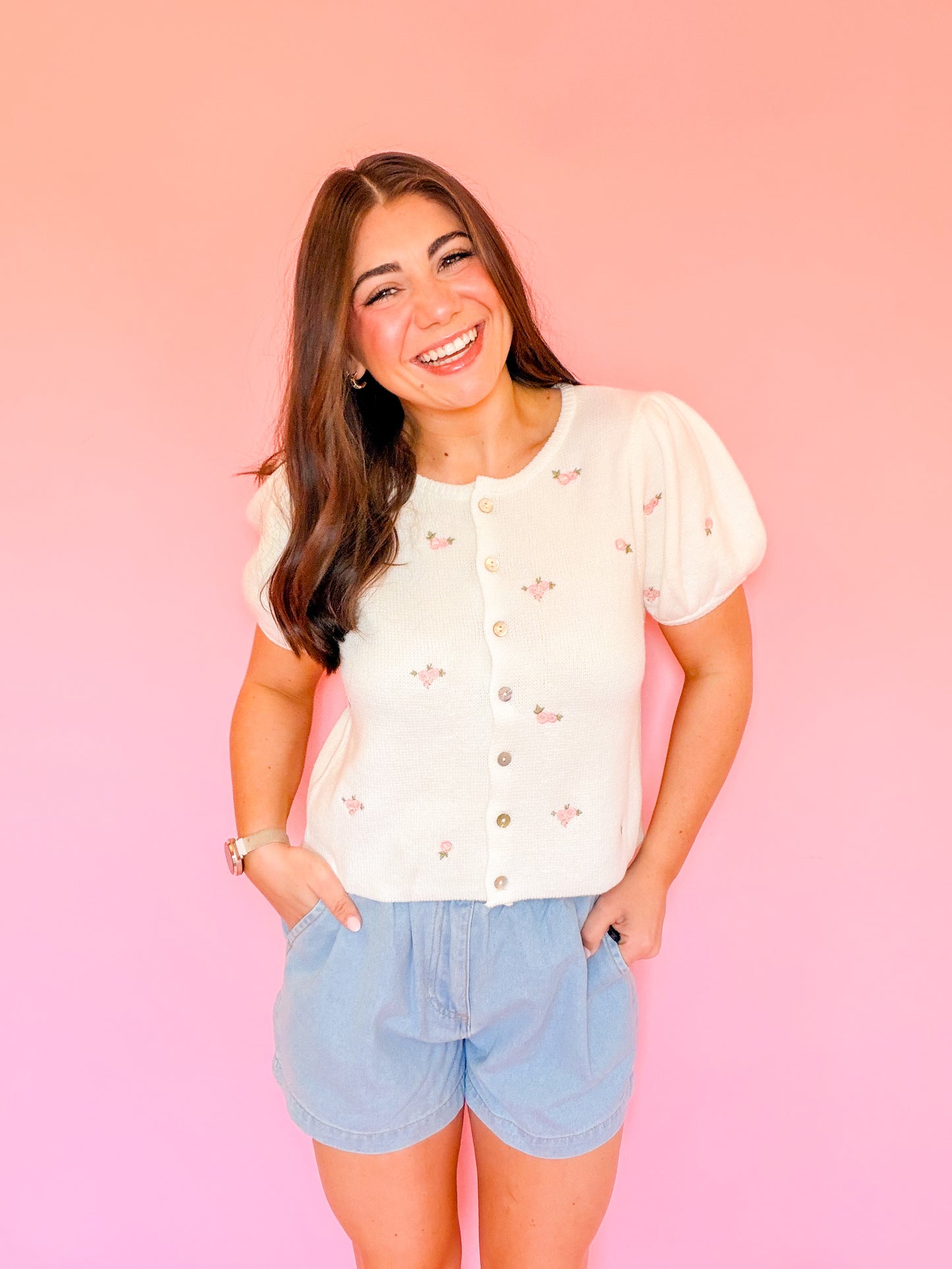 FLORAL EMBROIDERY PUFF SLV KNIT TOP - CREAM