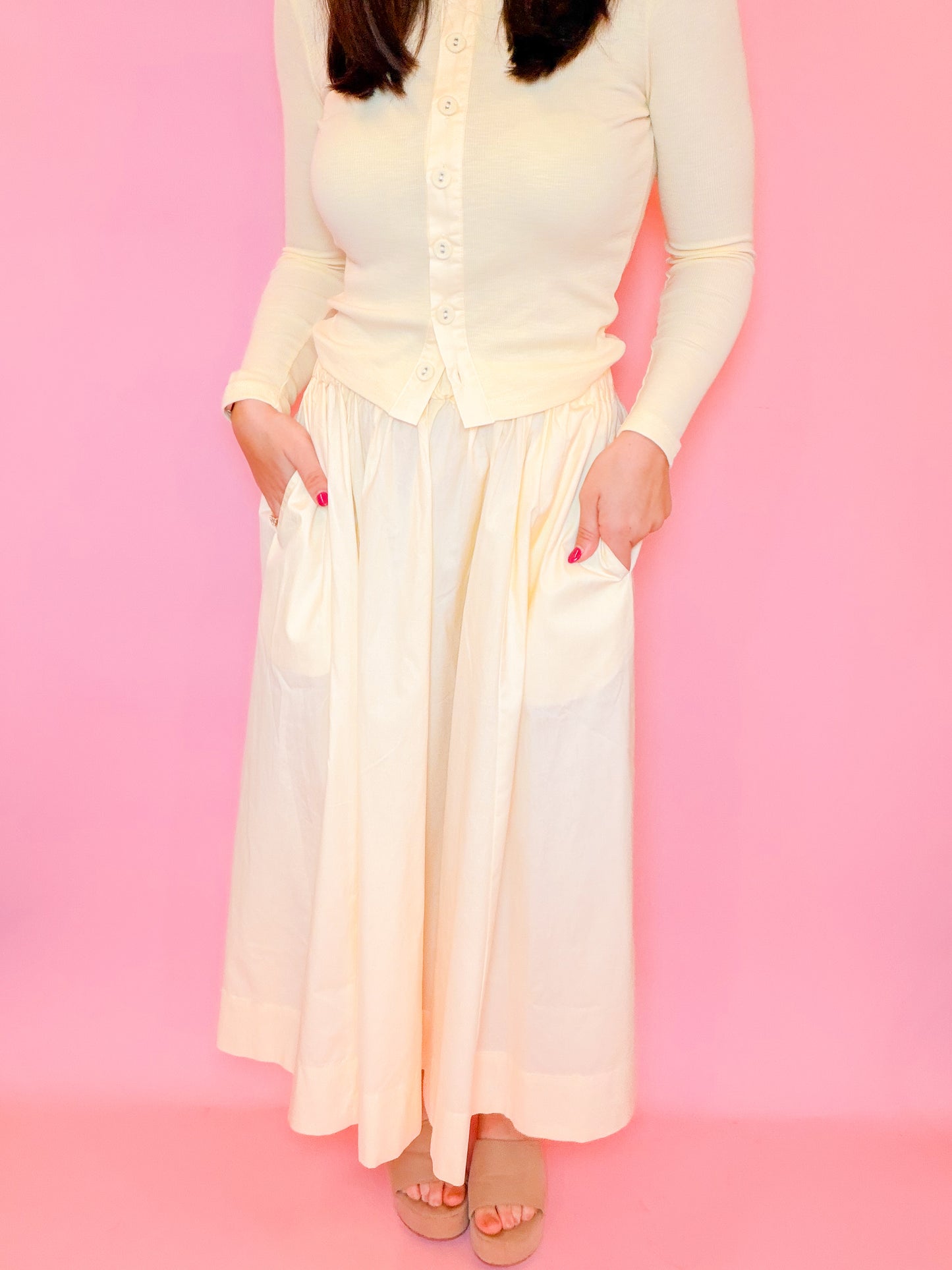POPLIN ELASTIC WAIST MIDI SKIRT - BUTTER