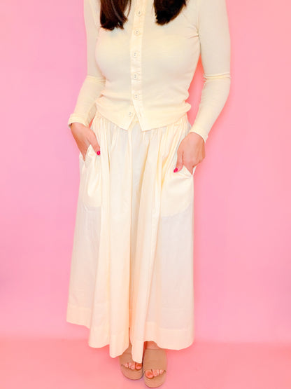 POPLIN ELASTIC WAIST MIDI SKIRT - BUTTER