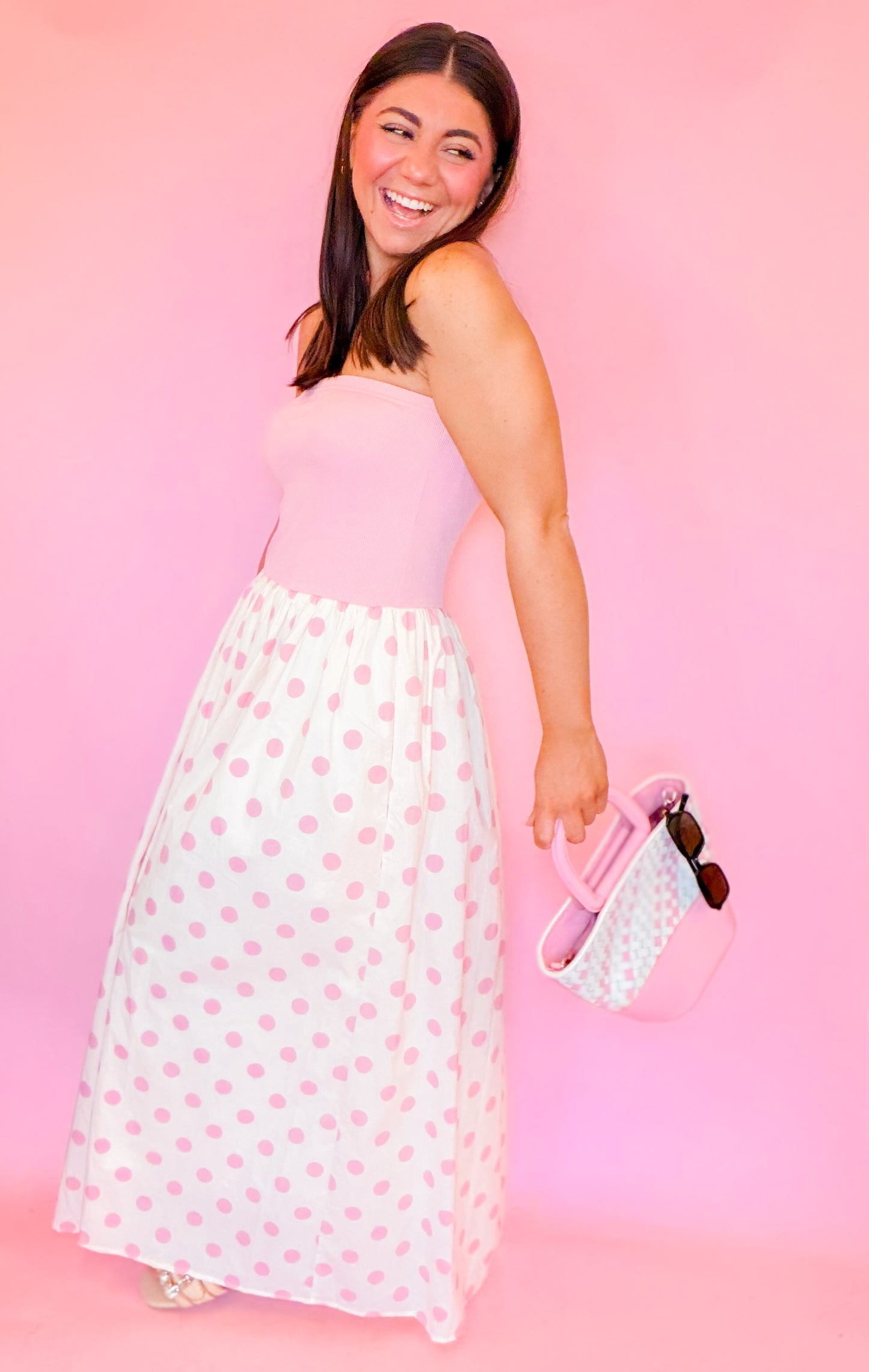 STRAPLESS KNIT & WOVEN POLKA DOT TUBE MIDI DRESS