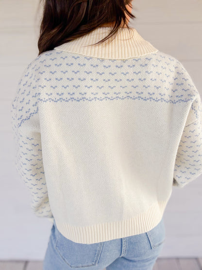 ROSE JACQUARD KNIT ZIP UP JACKET - BLUE