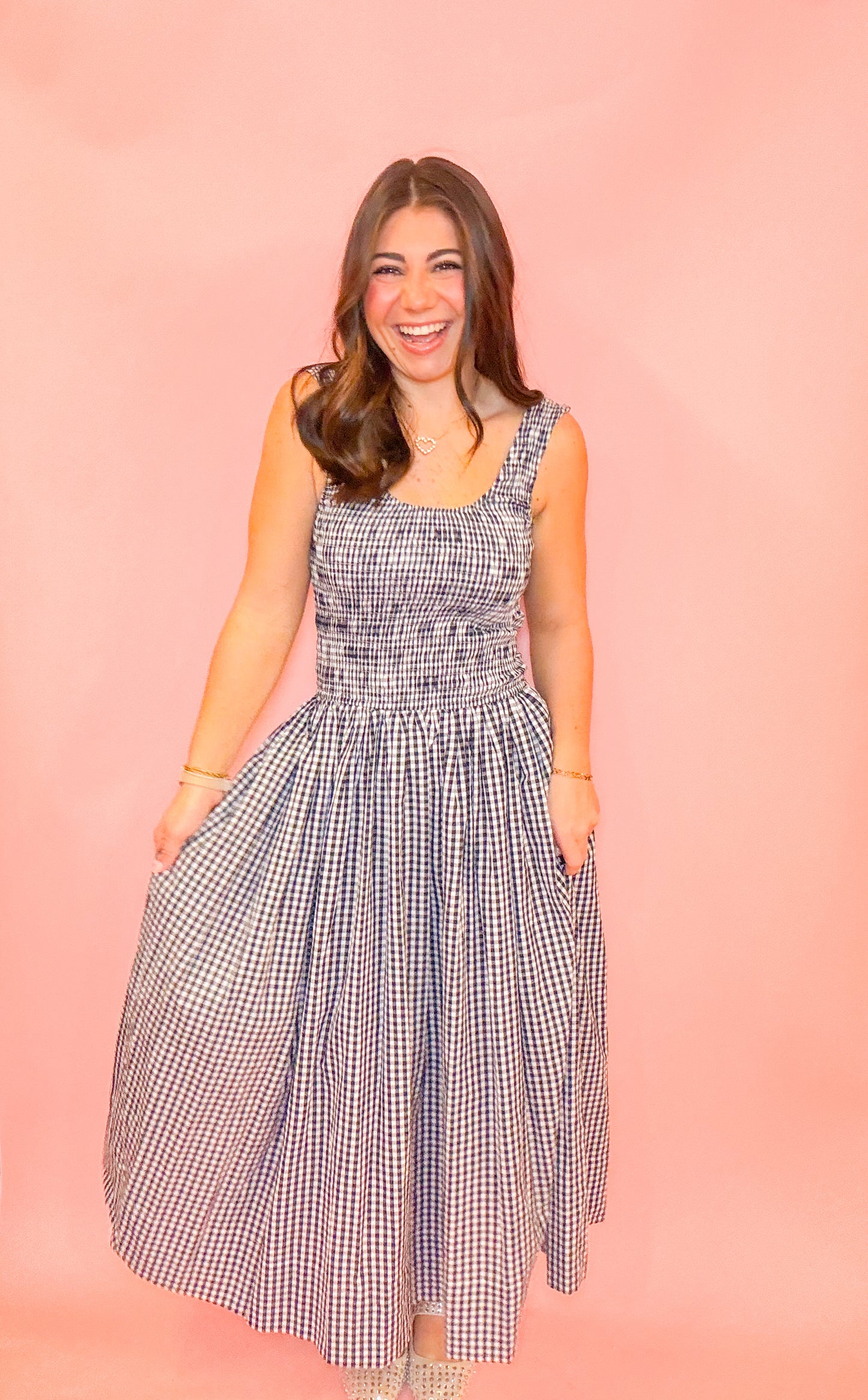 GINGHAM SMOCKED MIDI DRESS