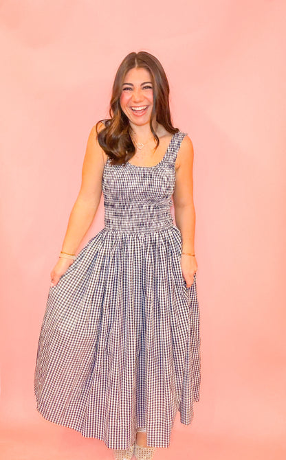 GINGHAM SMOCKED MIDI DRESS